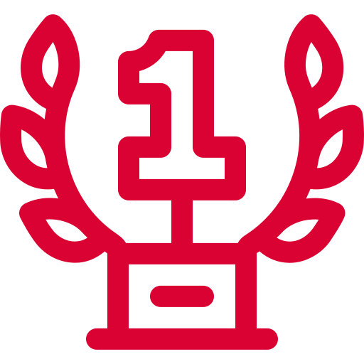 Red trophy icon with number one and laurel leaves.