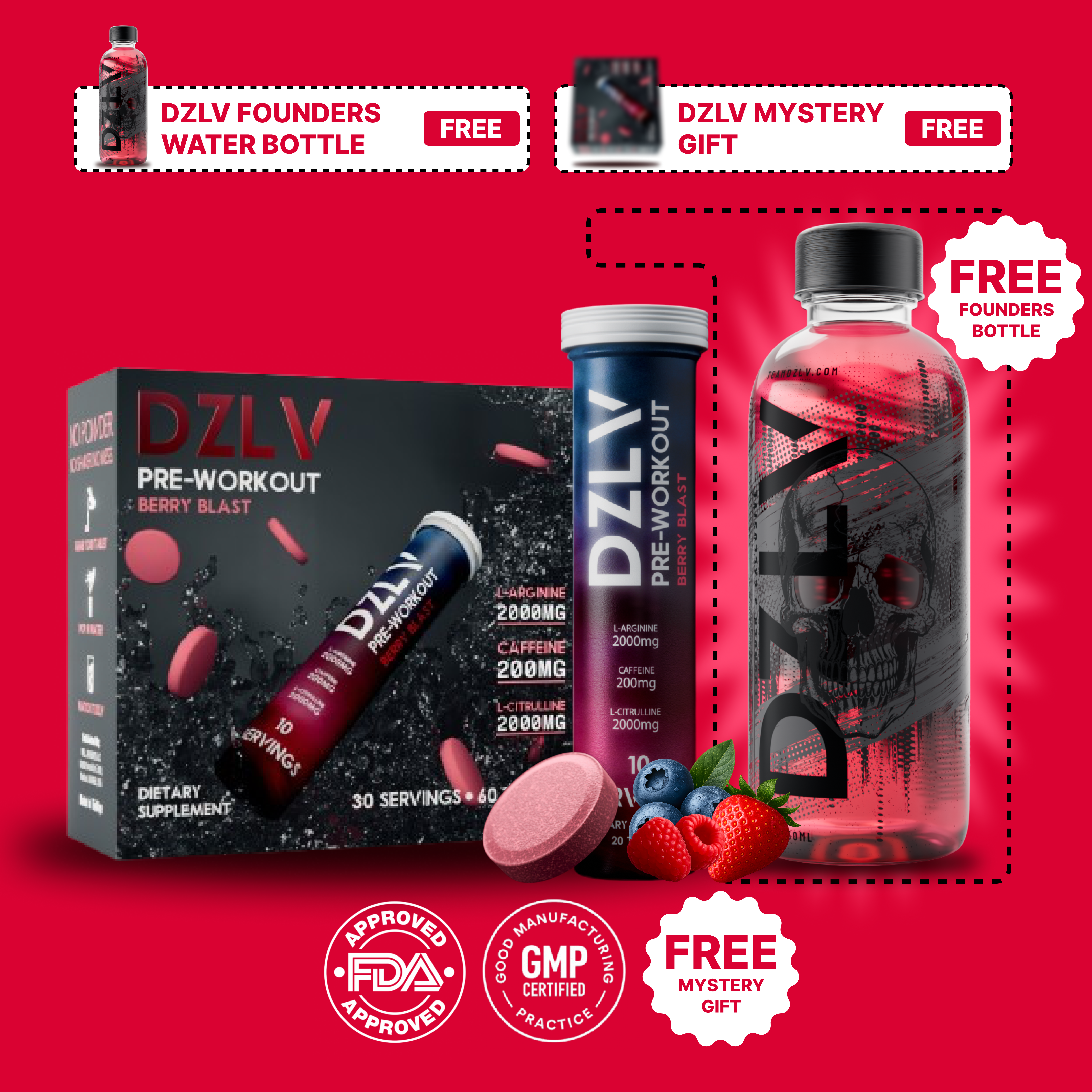 DZLV pre-workout products with free water bottle and mystery gift on a red background.