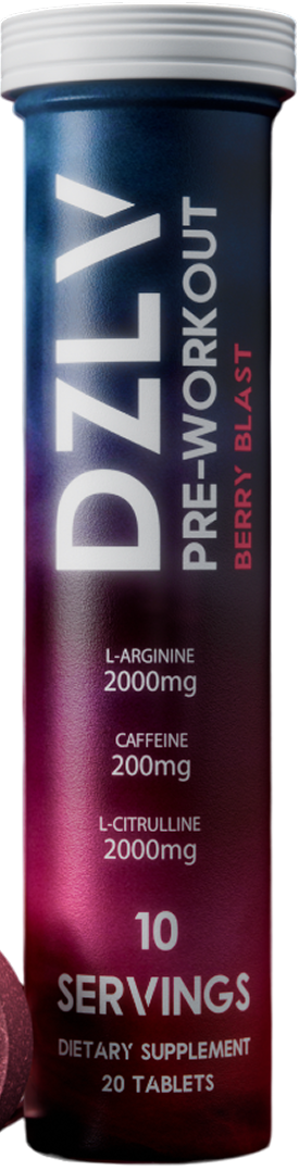 A tube of DZLY pre-workout tablets, Berry Blast flavor.