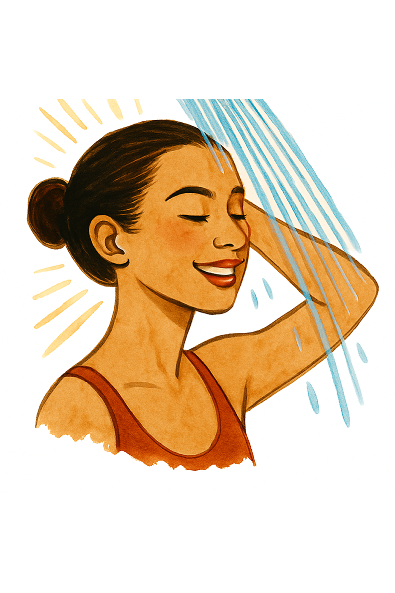 Illustration of a smiling person enjoying a shower.