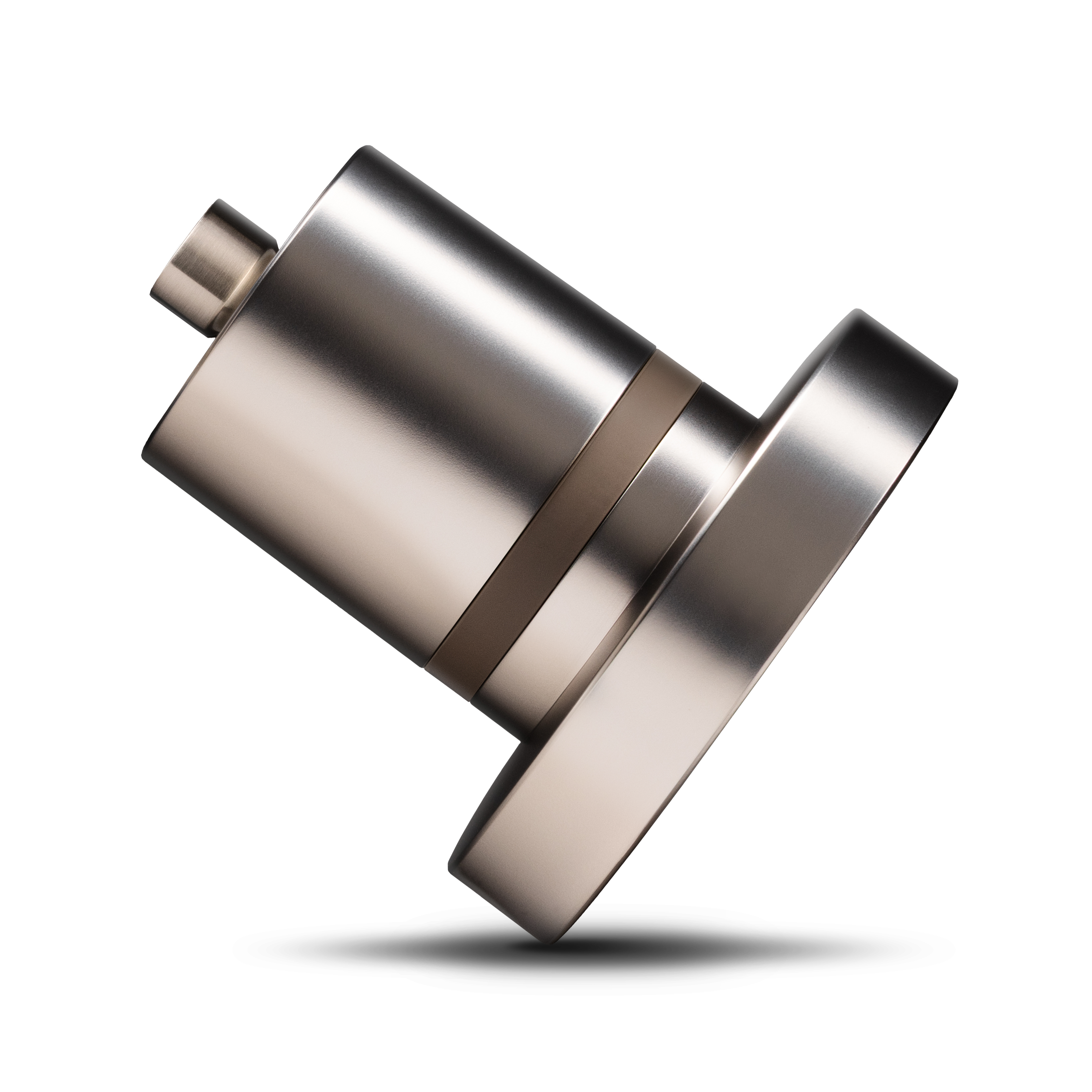 Metallic cylindrical object with a flat base, isolated on a white background.