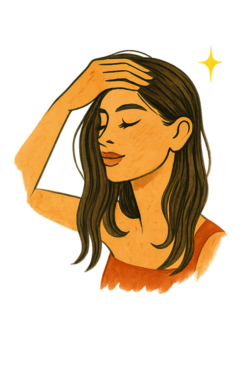 Illustration of a woman with long hair, eyes closed, hand on forehead.