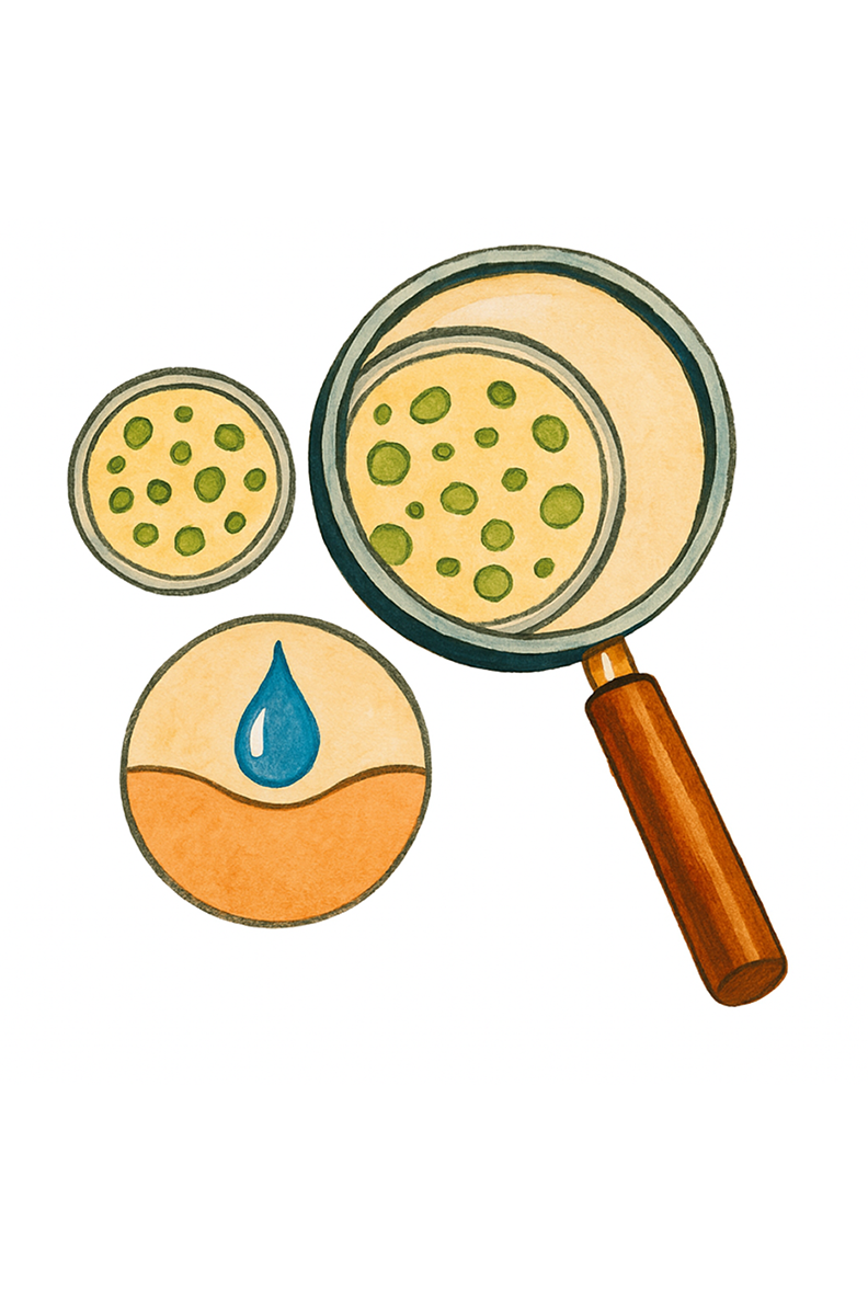 Illustration of magnifying glass over green spots and a blue droplet.