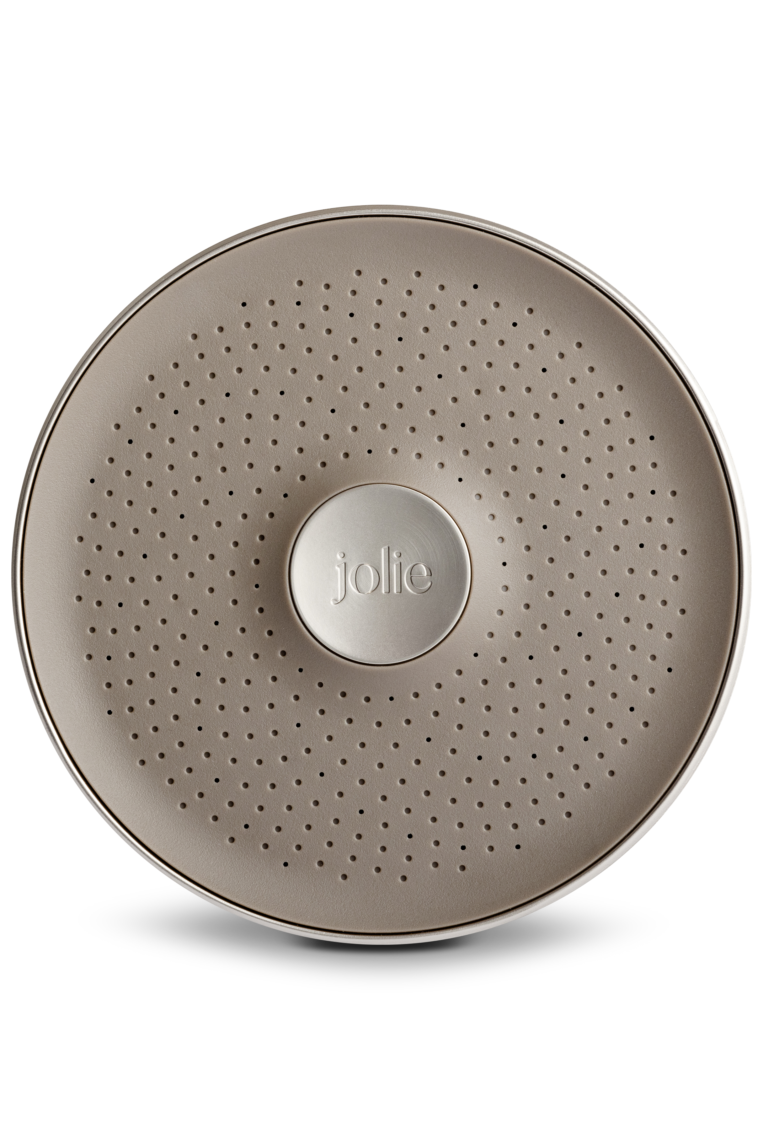 Round beige showerhead with perforations and 'jolie' logo in the center.