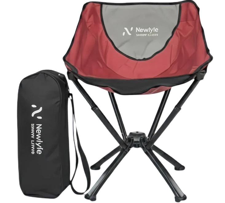 A red and grey Newlyle portable camping chair stands next to its black carrying bag.