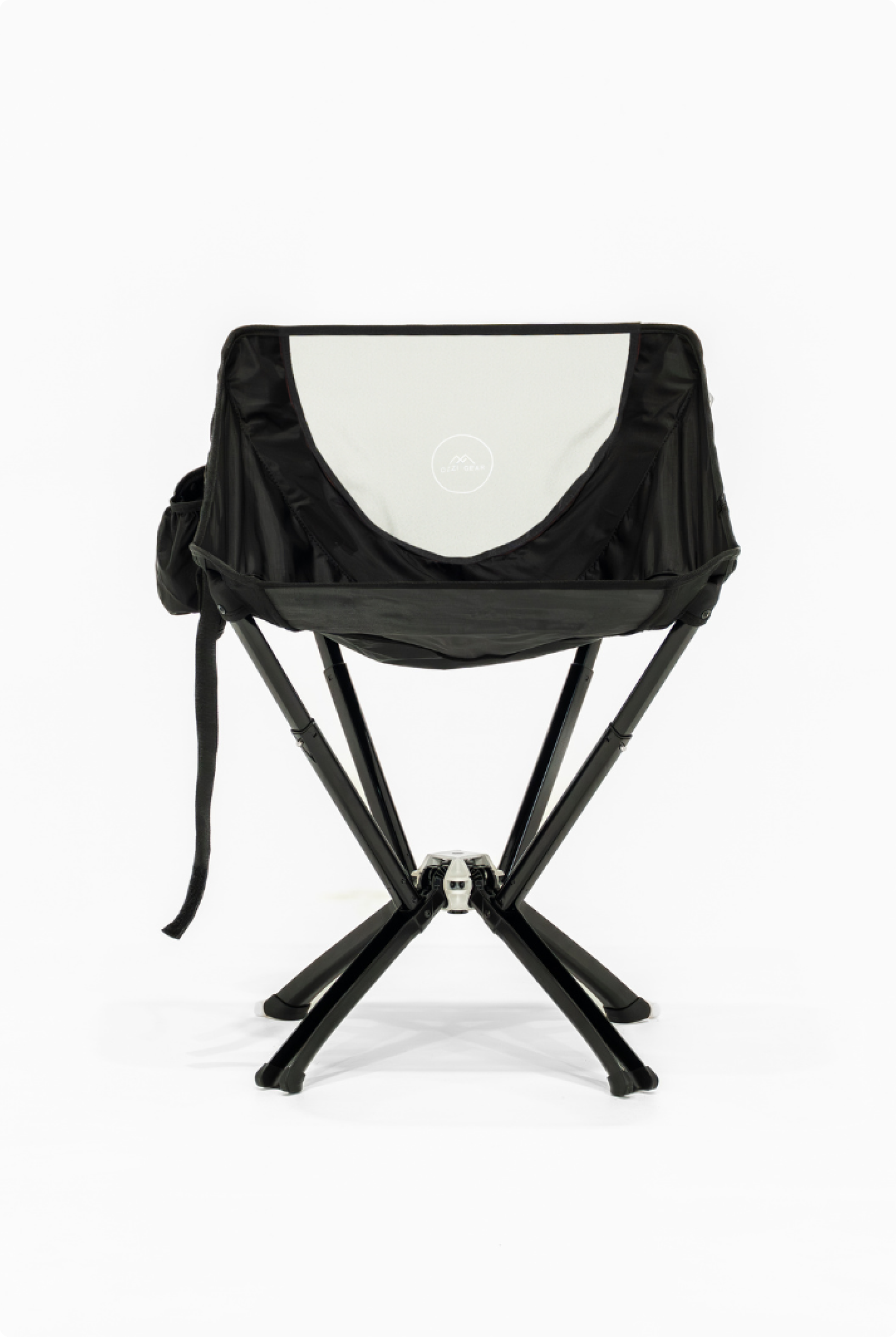 A lightweight, black collapsible camping stool with a white mesh back, shown on a white background.
