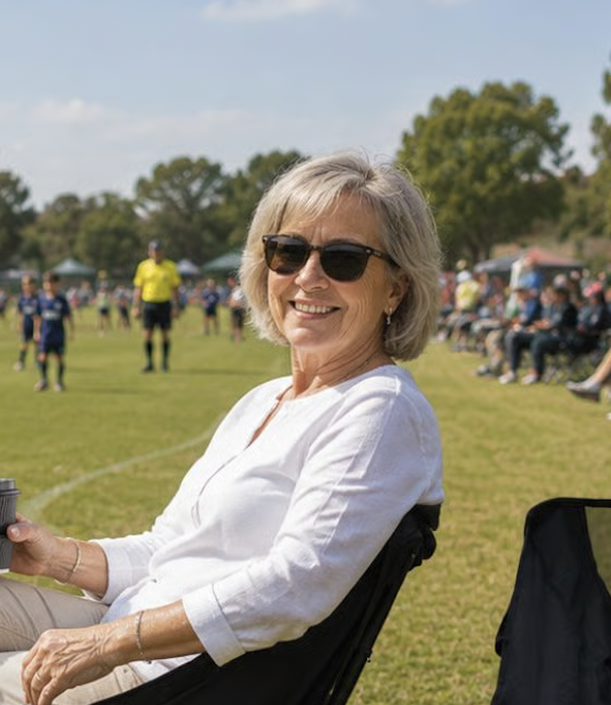 A smiling woman in sunglasses sits in a chair on the sidelines of a youth soccer game.
