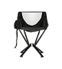 A front view of a black and white portable folding chair against a white background.