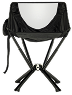 A front view of a small, black, collapsible camping chair with a mesh back panel against a white background.