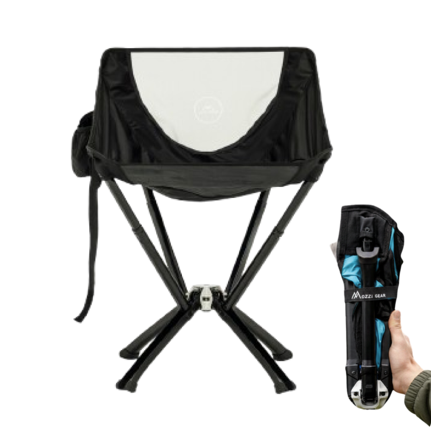 A black and white portable camping chair, shown assembled and then folded in a person's hand.