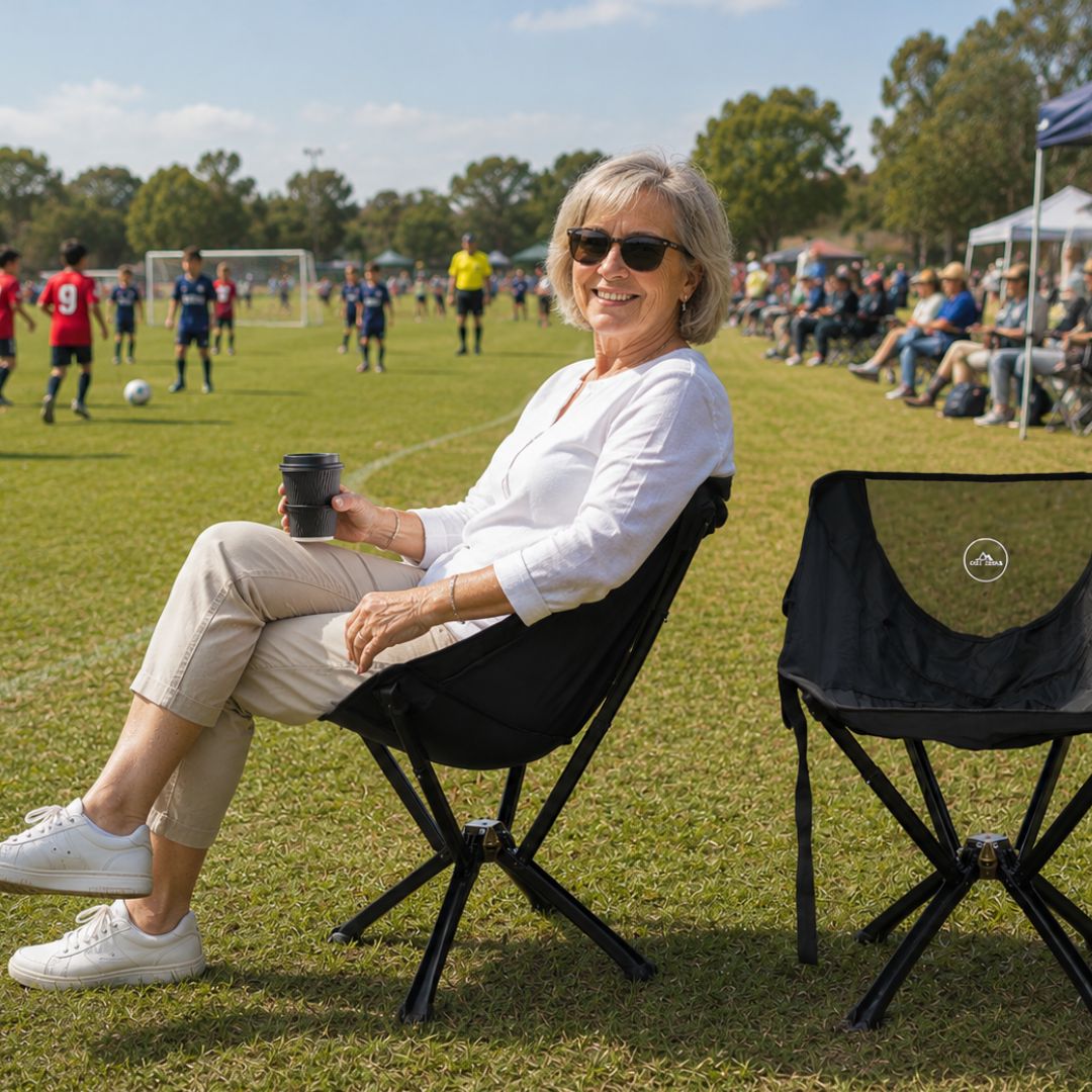 A woman sits in a black portable chair on a grassy field, watching a kids' soccer game.