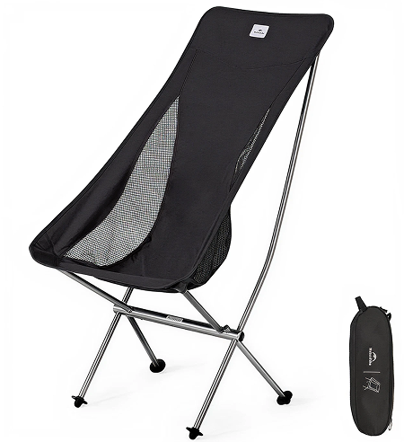 A lightweight black folding camping chair with its carrying bag, on a white background.