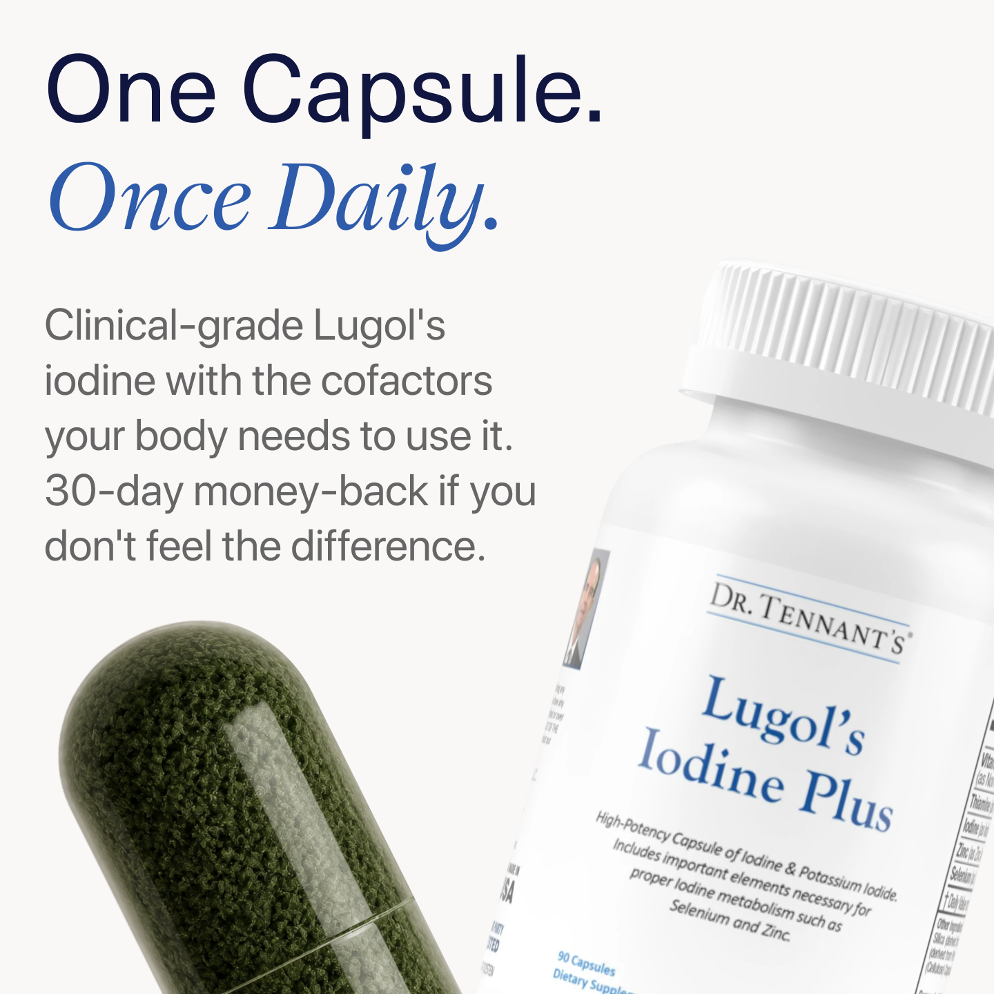 A bottle of Dr. Tennant's Lugol's Iodine Plus next to a close-up of a single green capsule.