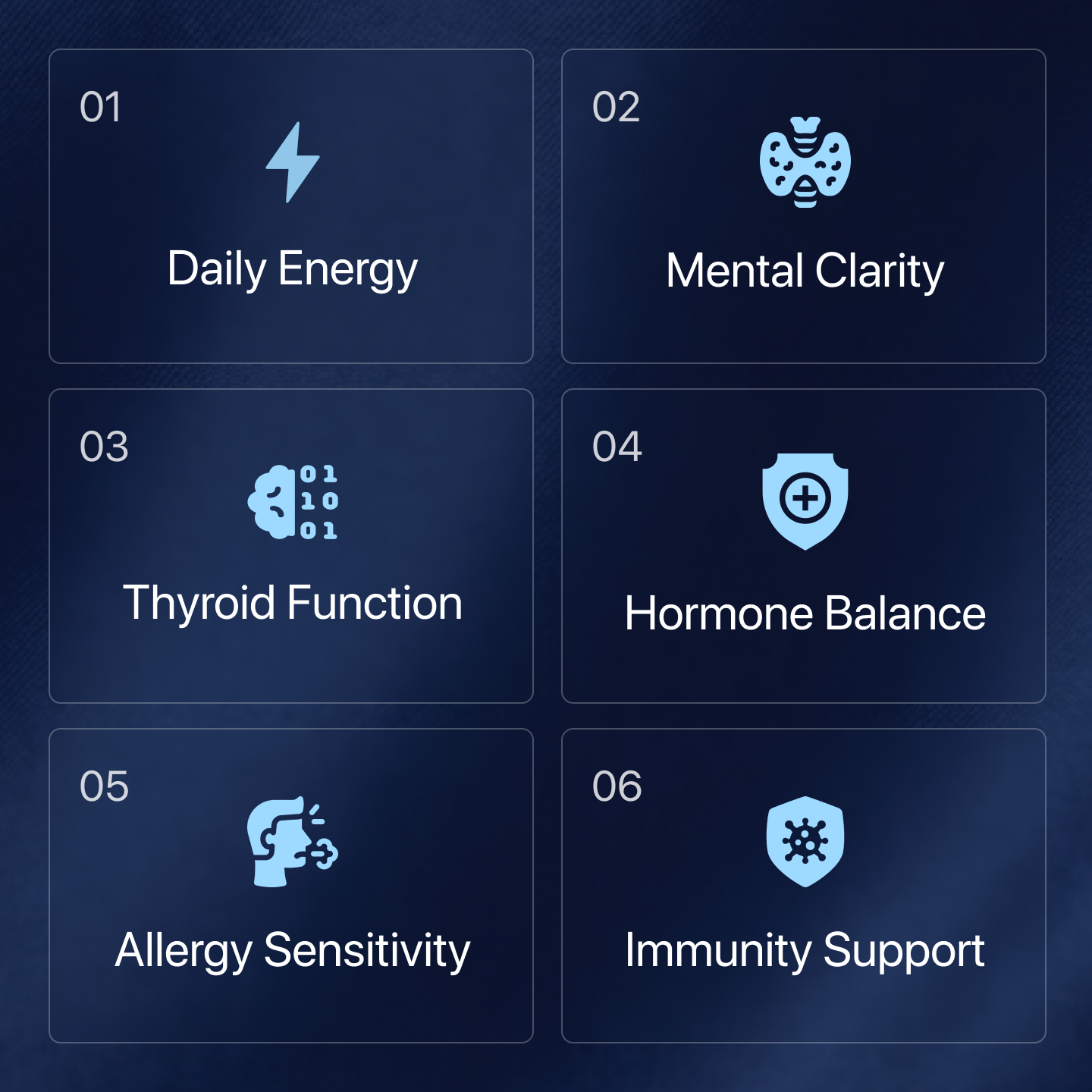 A grid of six icons representing health benefits like Daily Energy, Mental Clarity, Thyroid Function, and Immunity Support.