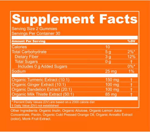 The supplement facts label for a dietary product, listing ingredients and nutritional values.