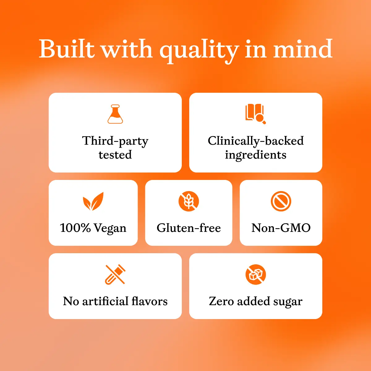 Infographic on an orange background listing product quality features with icons, such as vegan, gluten-free, and non-GMO.