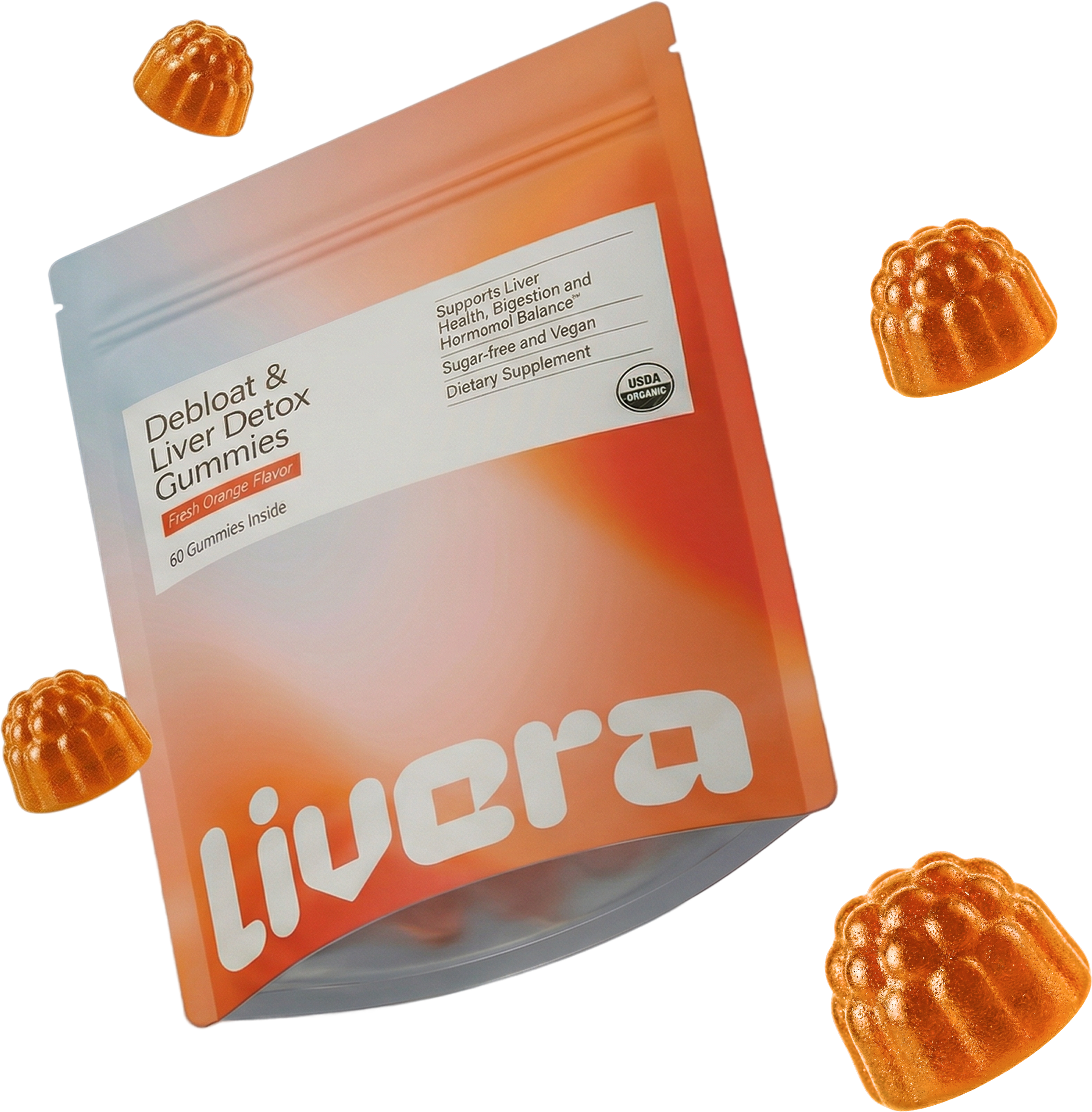 A pouch of Livera Debloat & Liver Detox Gummies surrounded by four individual orange gummies on a white background.