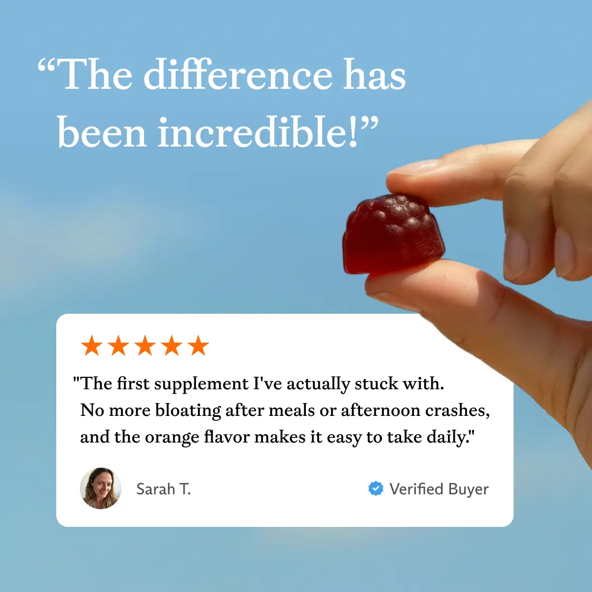 A hand holds a red gummy against a blue sky, with a five-star customer review overlaid.