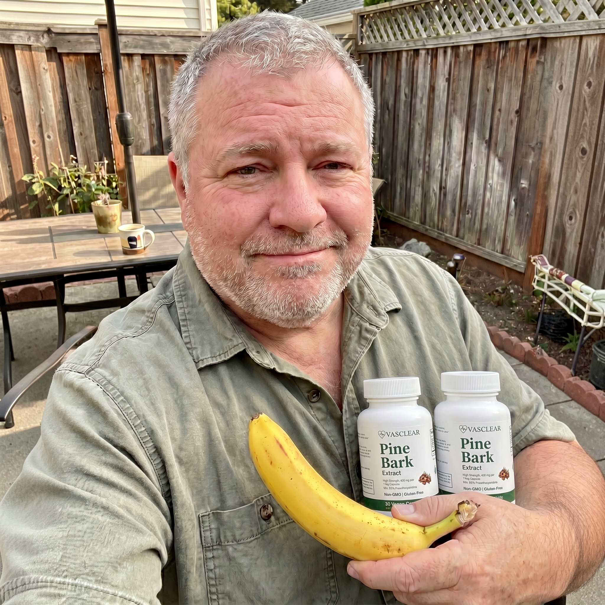 A man holds two bottles of Pine Bark Extract supplements and a banana in a backyard patio setting.