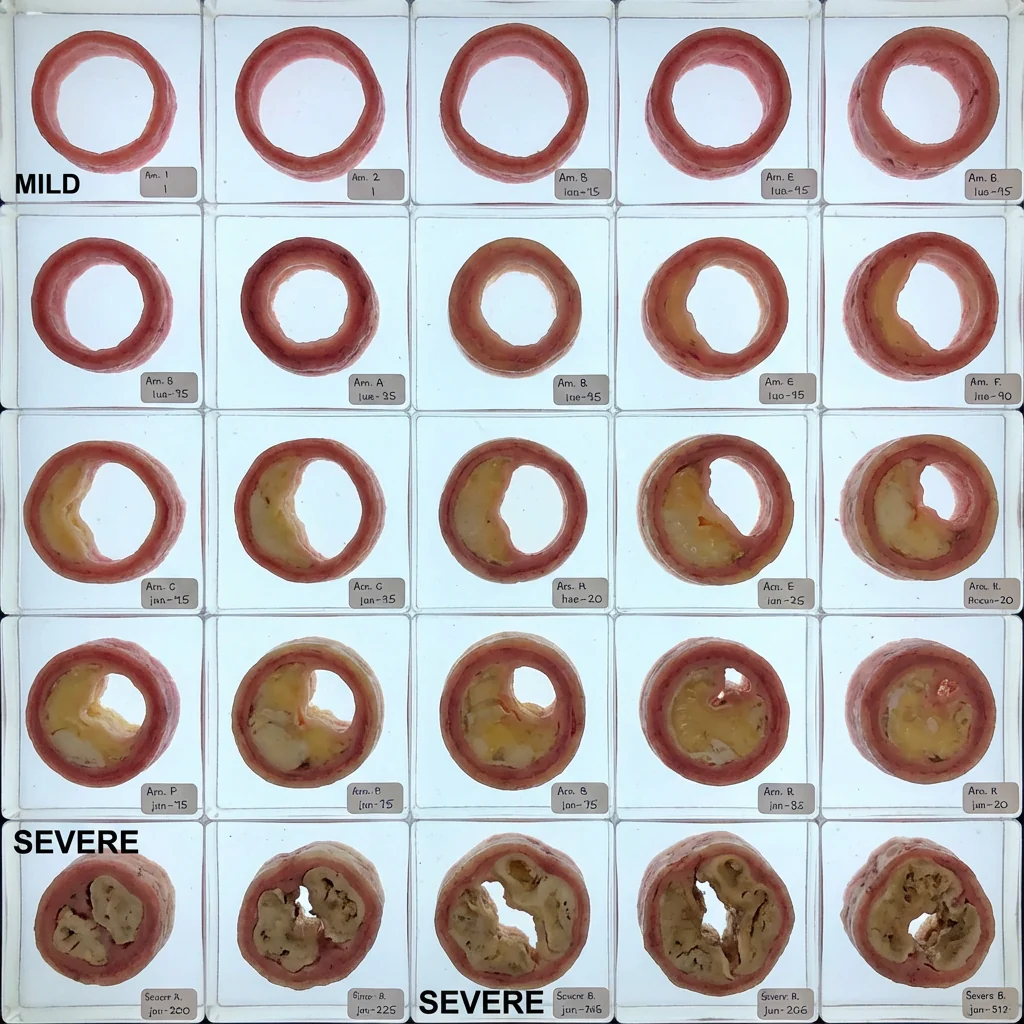 Cross-sections of arteries showing progression from mild to severe plaque buildup