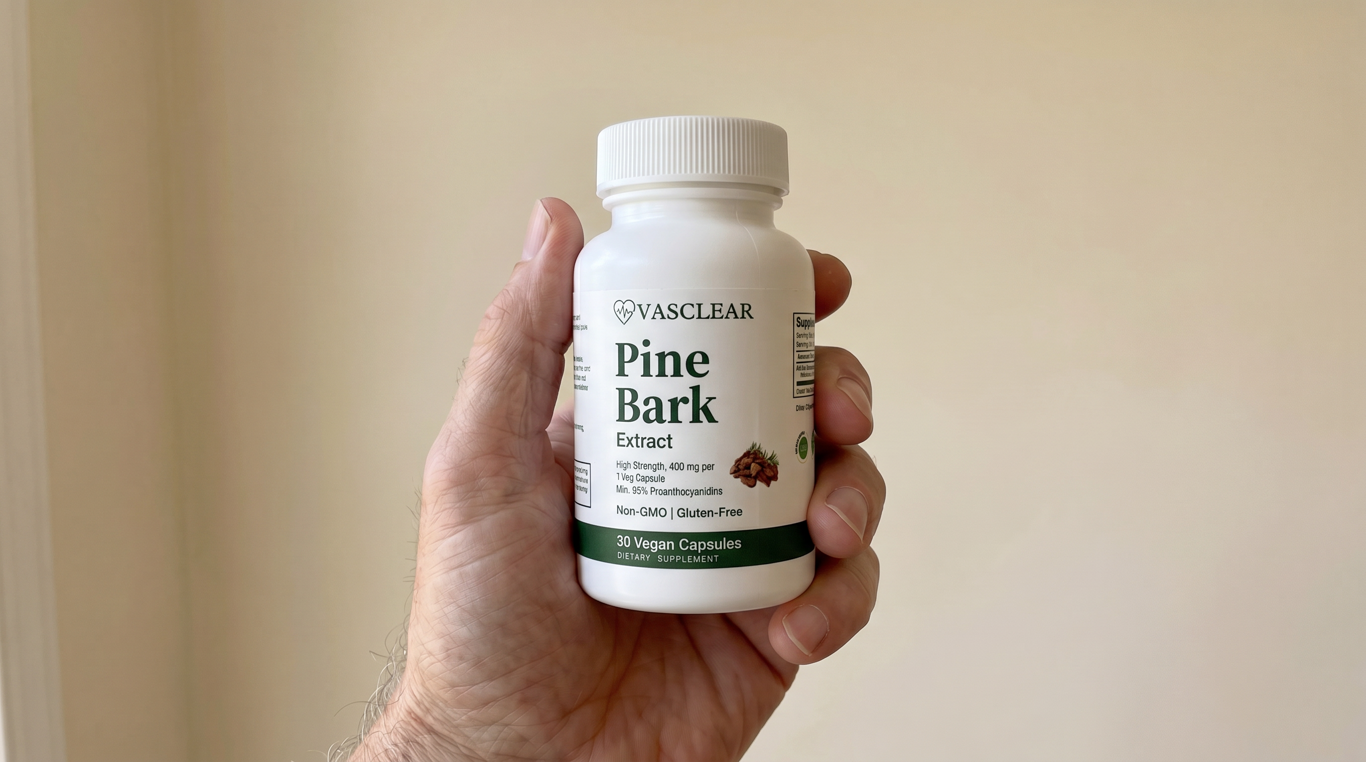 Vasclear bottle in hand, 60-day risk-free guarantee