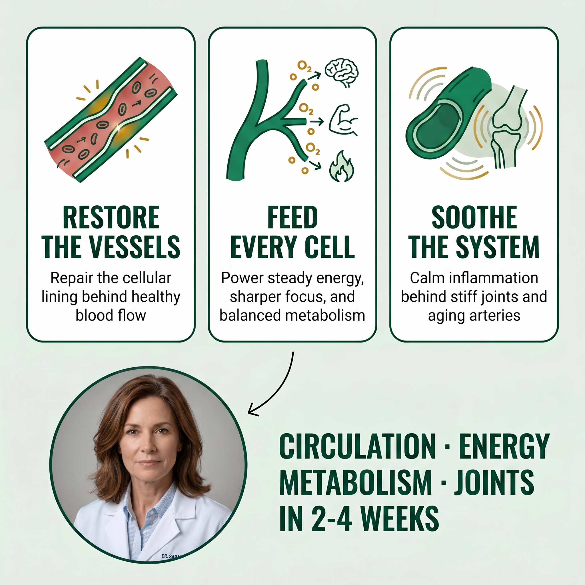 An infographic illustrating health benefits for vessels, cells, and joints, with a portrait of a female doctor.