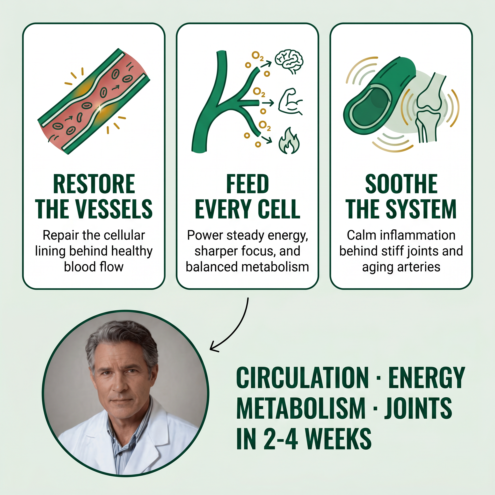 An infographic showing three health benefits for vessels, cells, and joints, with a photo of a doctor below.