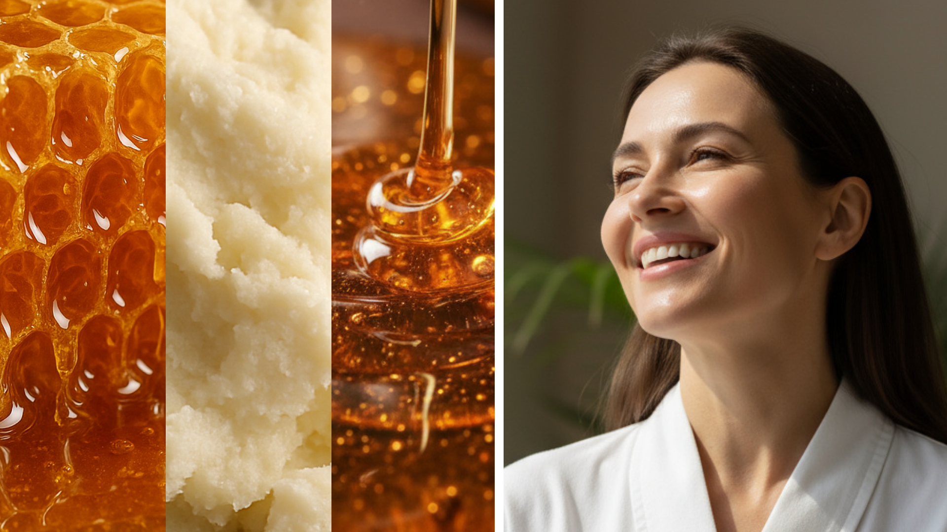 Collage of honey, butter, syrup, and a smiling woman.