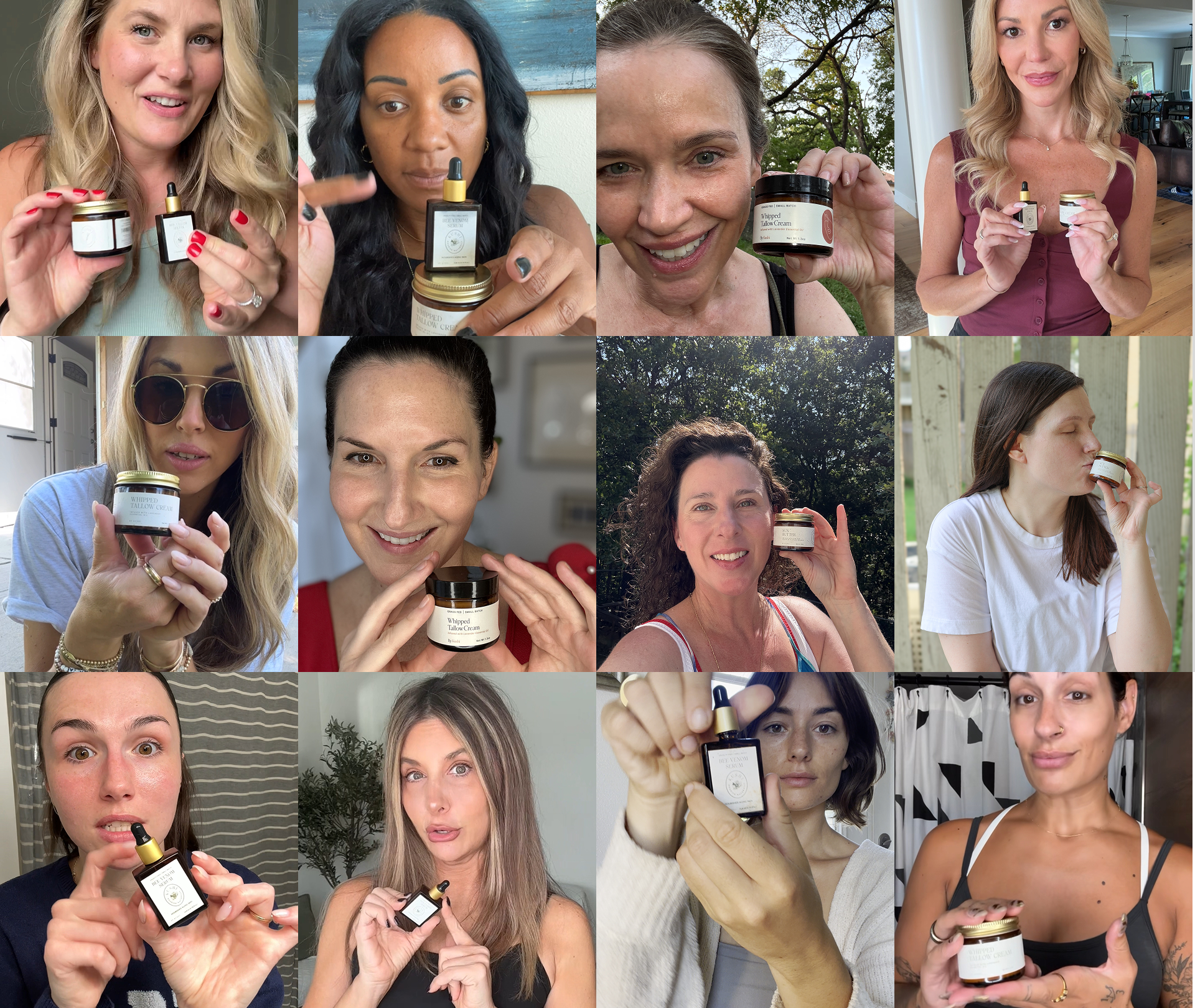 Collage of twelve individuals holding skincare products in various settings.