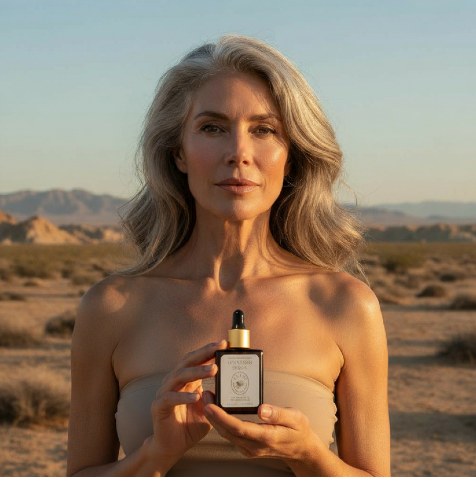 Woman holding a skincare product in a desert landscape.