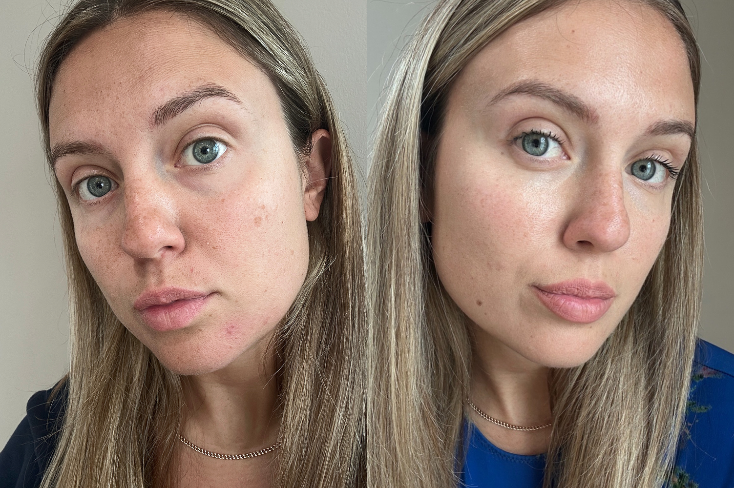 Side-by-side comparison of a woman's face before and after makeup application.