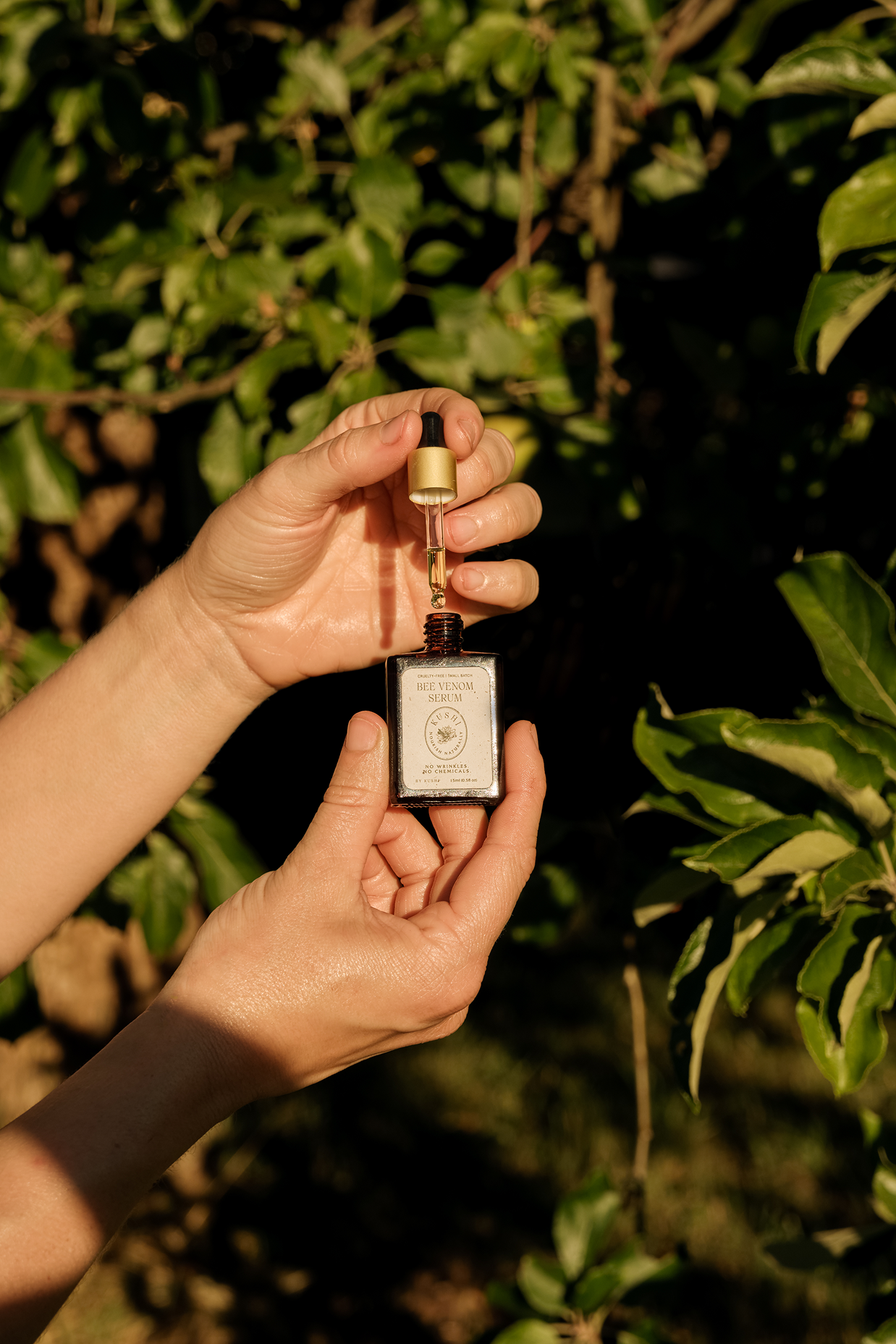 Hand holding a dropper bottle labeled 'Bee Venom Serum' against green leaves.