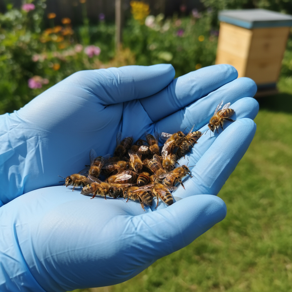 Gloved hands holding a group of bees in a garden.