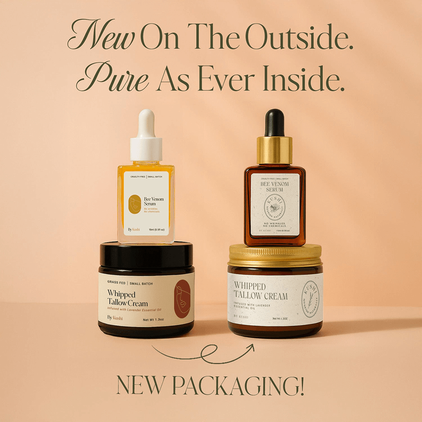 Skincare products with new packaging displayed on a peach background.