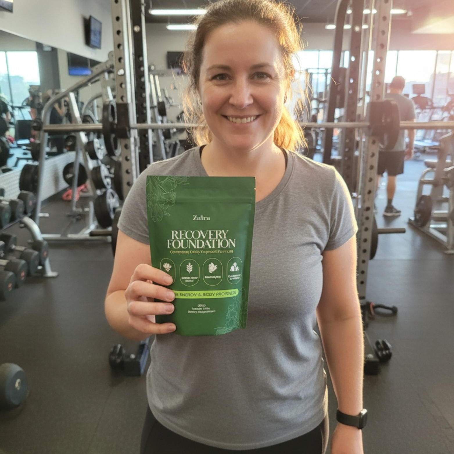 Person holding a product package in a gym with equipment in the background.