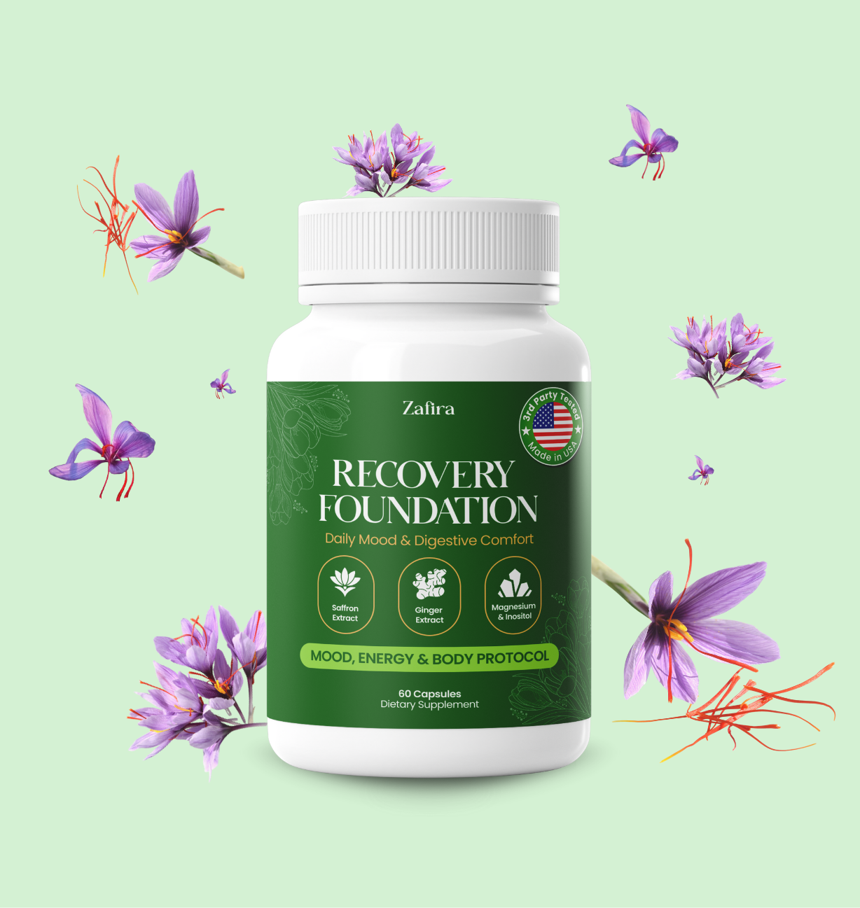 White supplement bottle labeled 'Recovery Foundation' surrounded by saffron flowers on a green background.