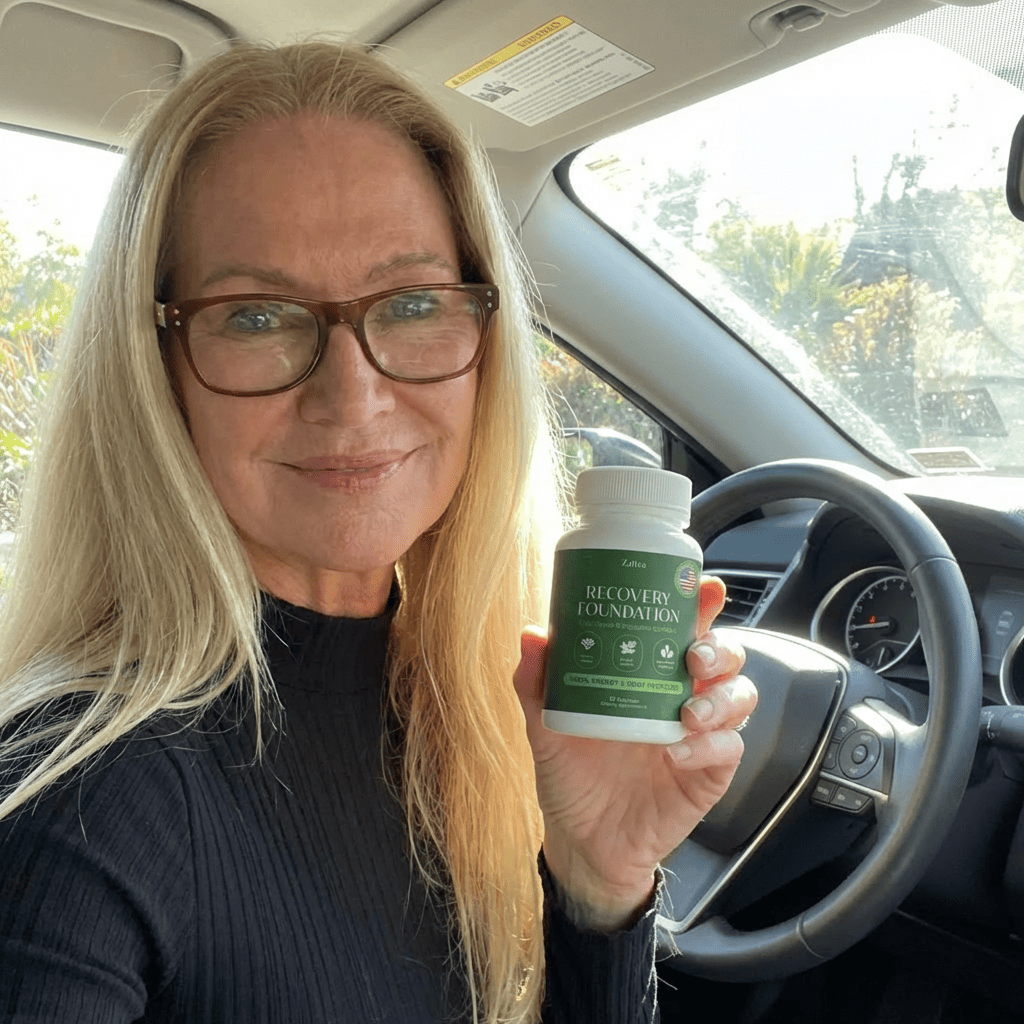 A blonde woman with glasses sits in a car, holding a white bottle of 'Recovery Foundation' supplements.