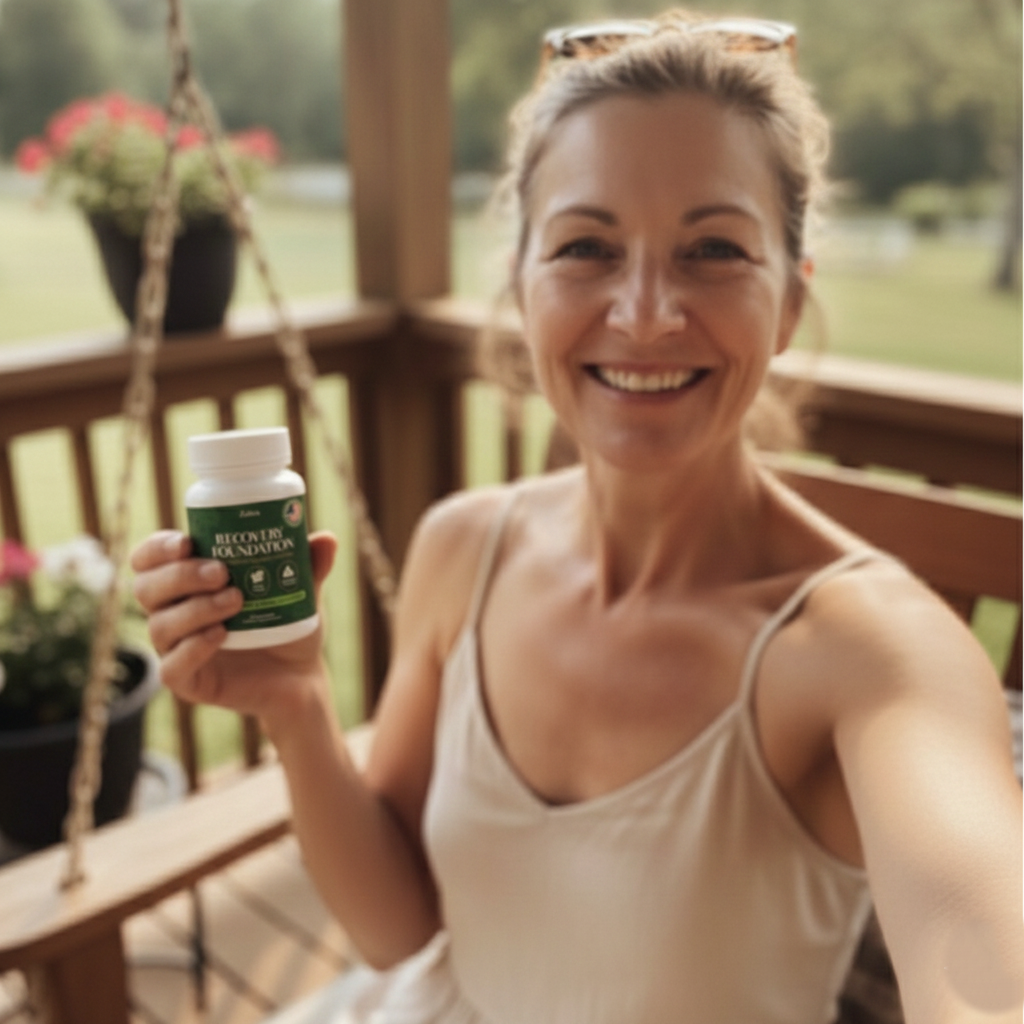 Person smiling outdoors holding a bottle labeled 'Recovery Foundation.'