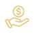 A gold-colored icon of a hand holding a coin with a dollar sign.