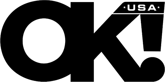 The black logo for OK! USA on a green background.
