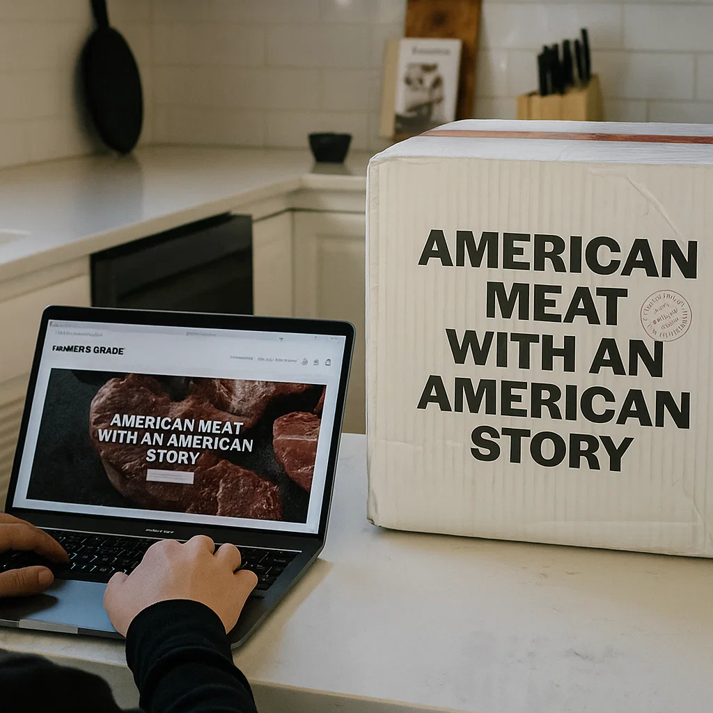 Laptop displaying meat website next to a box labeled 'American Meat with an American Story.'