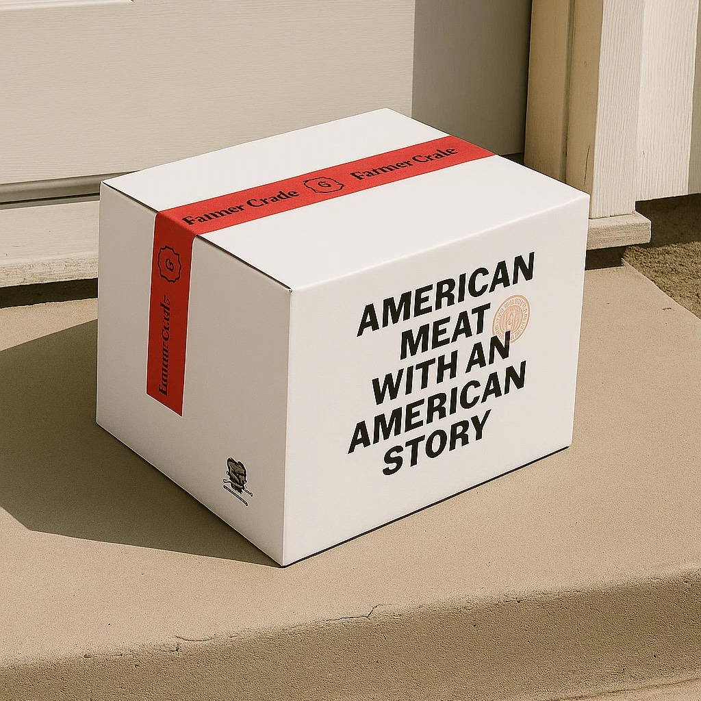 White box with text 'American Meat With an American Story' on a doorstep.