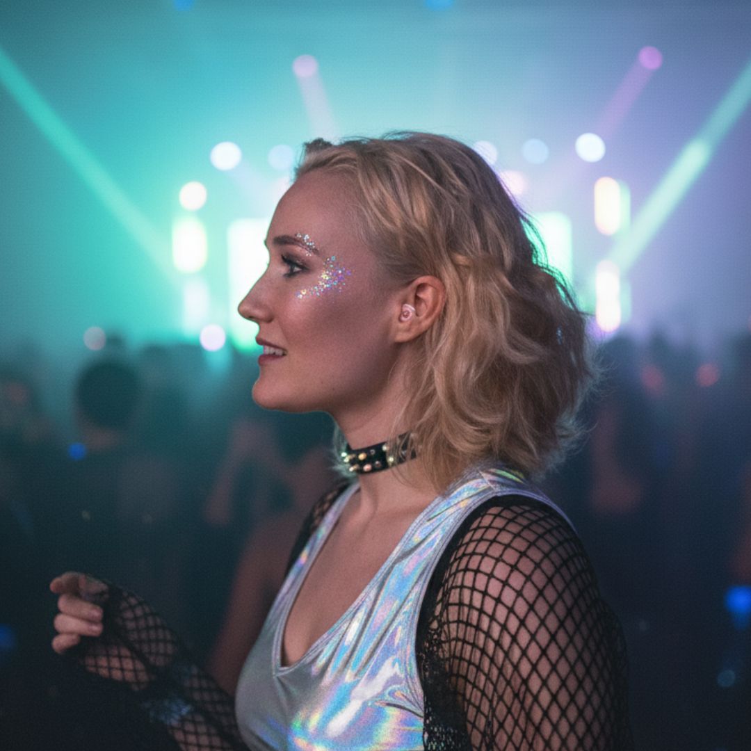 Person with glitter on face at a party with colorful lights.