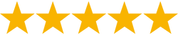 Five gold stars in a row on a transparent background.