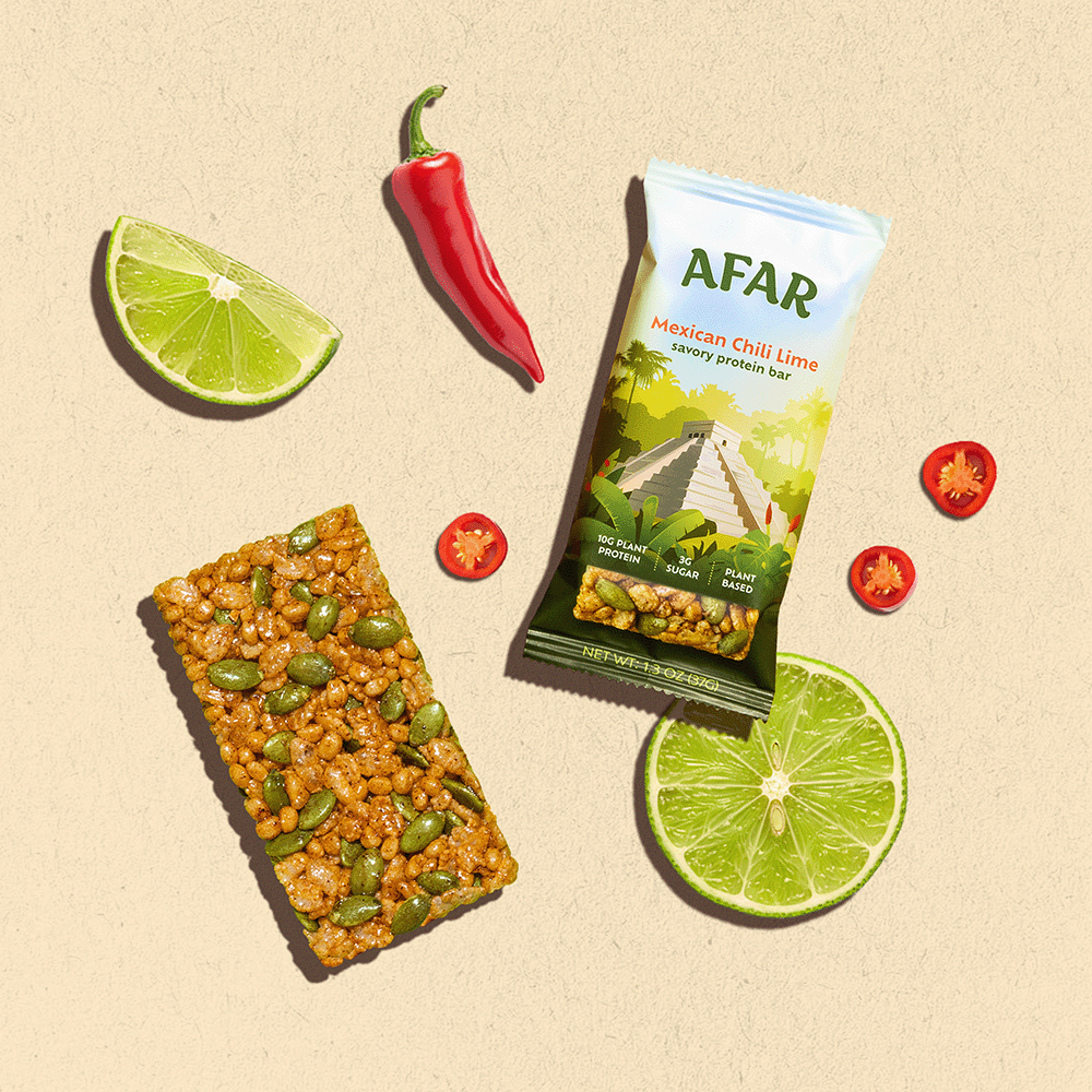 Afar Mexican Chili Lime savory protein bar with assorted ingredients