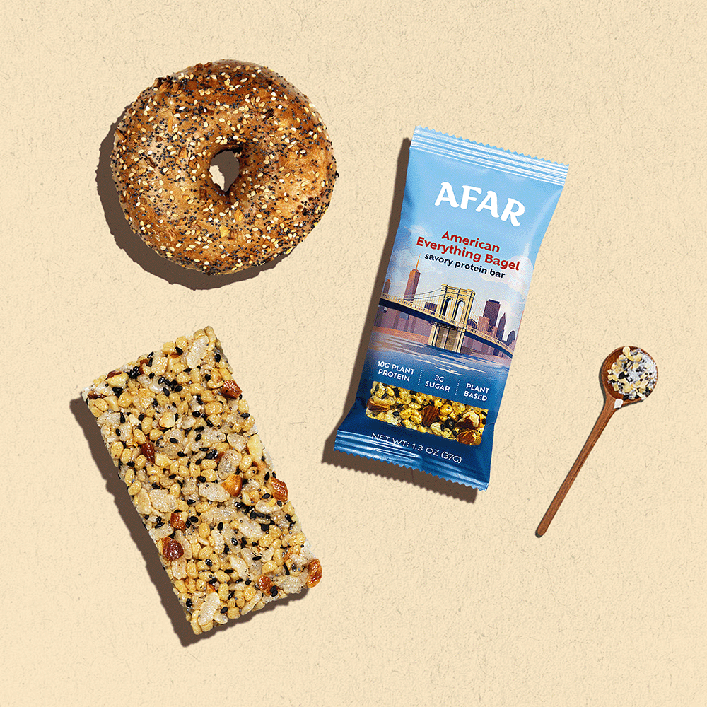 Afar American Everything Bagel savory protein bar with assorted ingredients