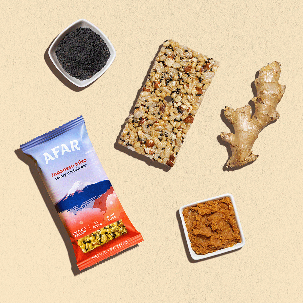 Afar Japanese Miso savory protein bar with assorted ingredients