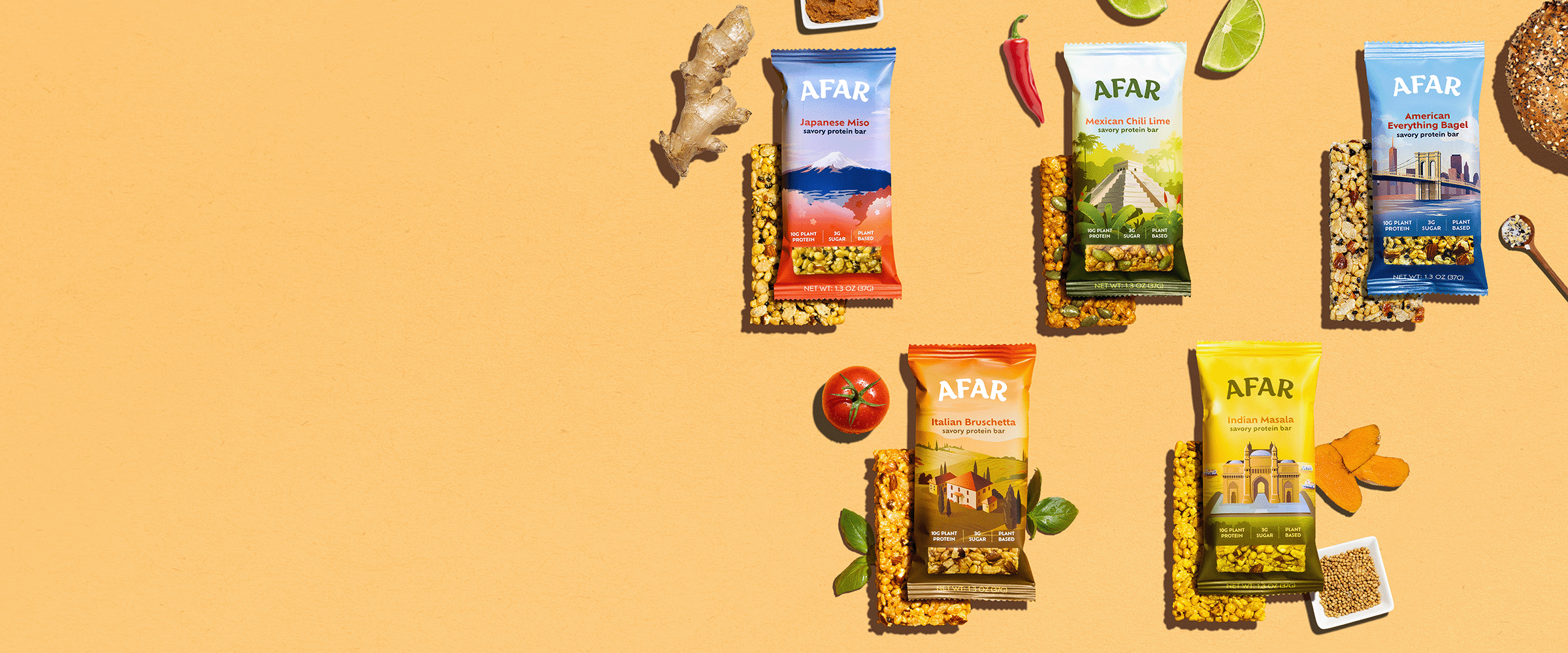 Five protein bar packages with corresponding ingredients on an orange background.