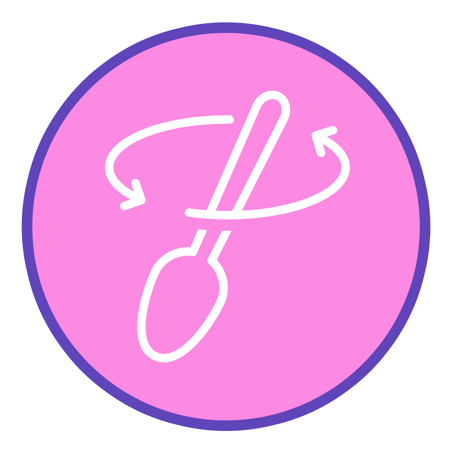 Pink circle with a white spoon and arrows icon.