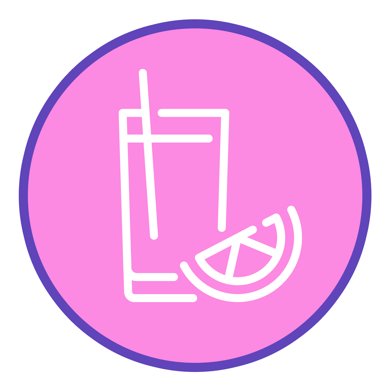 Icon of a drink with a straw and lemon slice on a pink background.